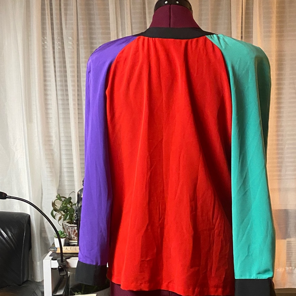 Vintage Josephine Color Block Purple Red Green Long Sleeve Blouse Shirt 10Retro